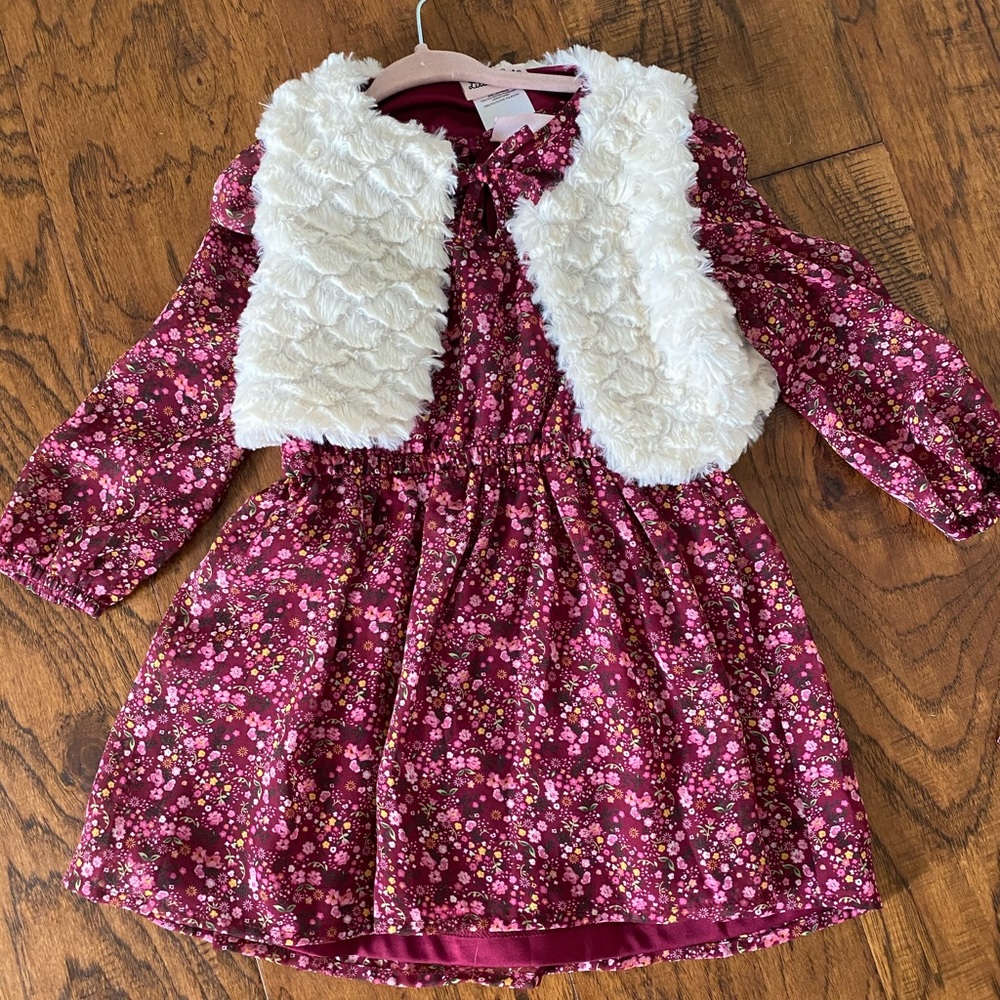 Little Lass Floral Dress with white fur vest